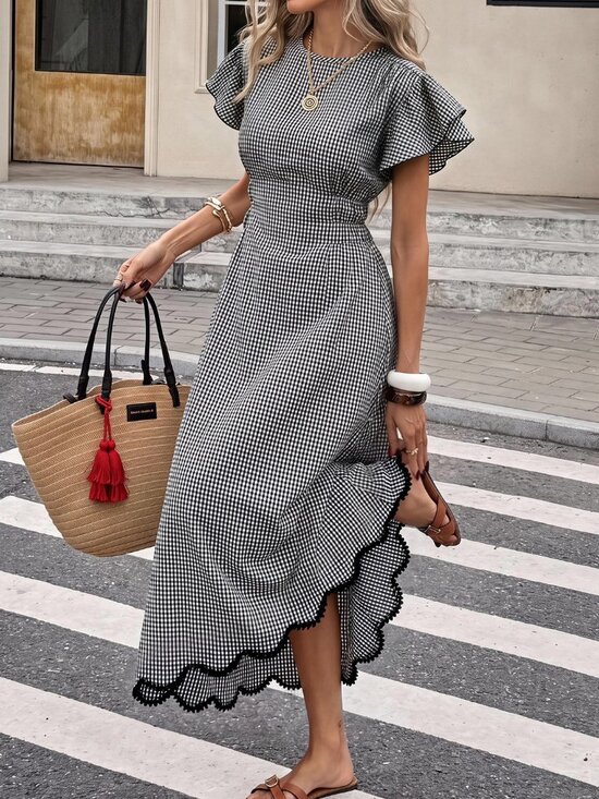 Dresses & Skirts - Apricot Casual Women's Plaid Round Neck Ruffle Short Sleeve Elegant Long Dress